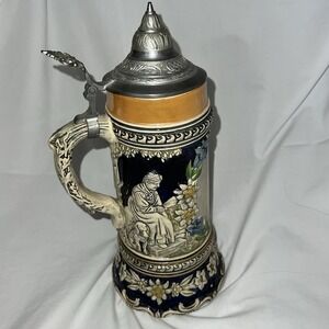 Lidded German Beer Stein Thorens Swiss Music Box Raised Relief Stiftskirche 3D